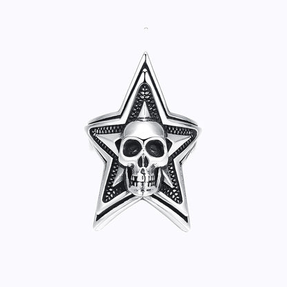 Skull on Star 3D Silver Ring