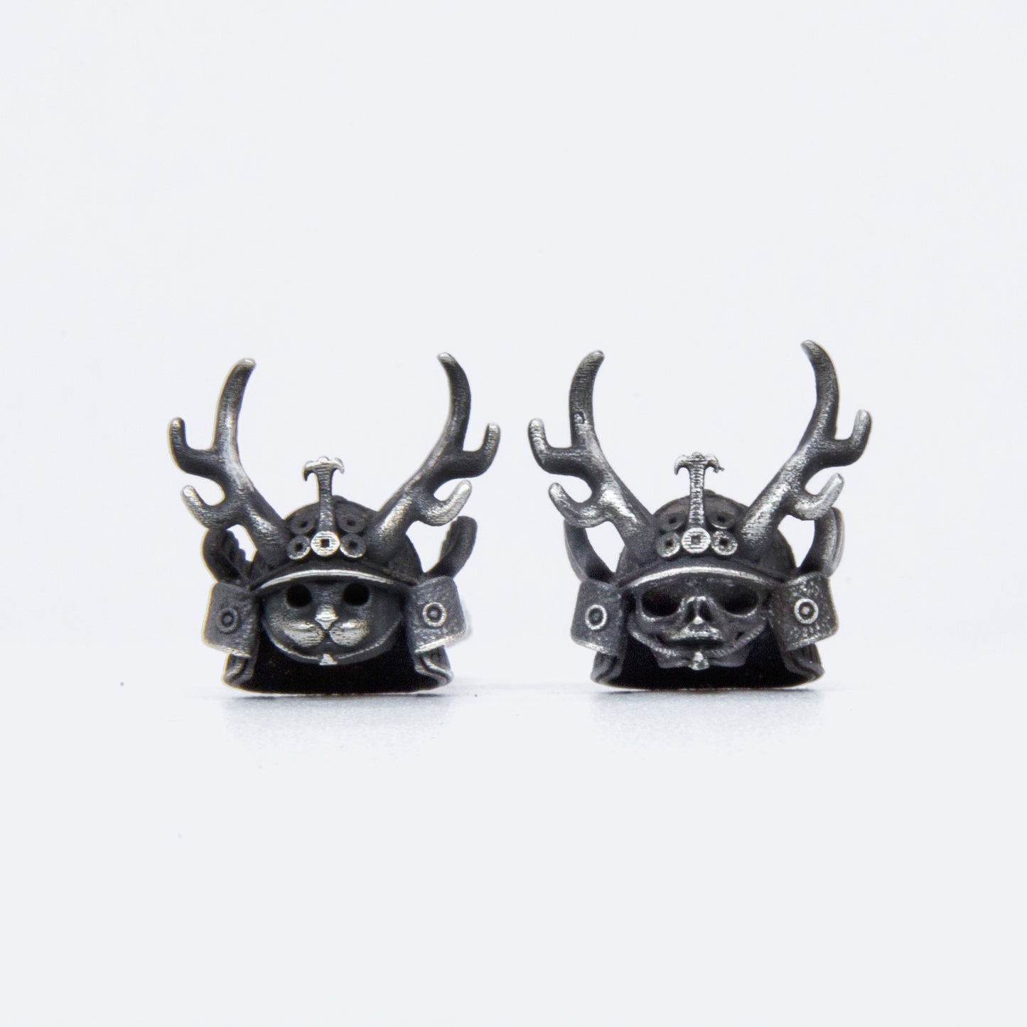 Samurai Cat Skull Silver Stud Earring