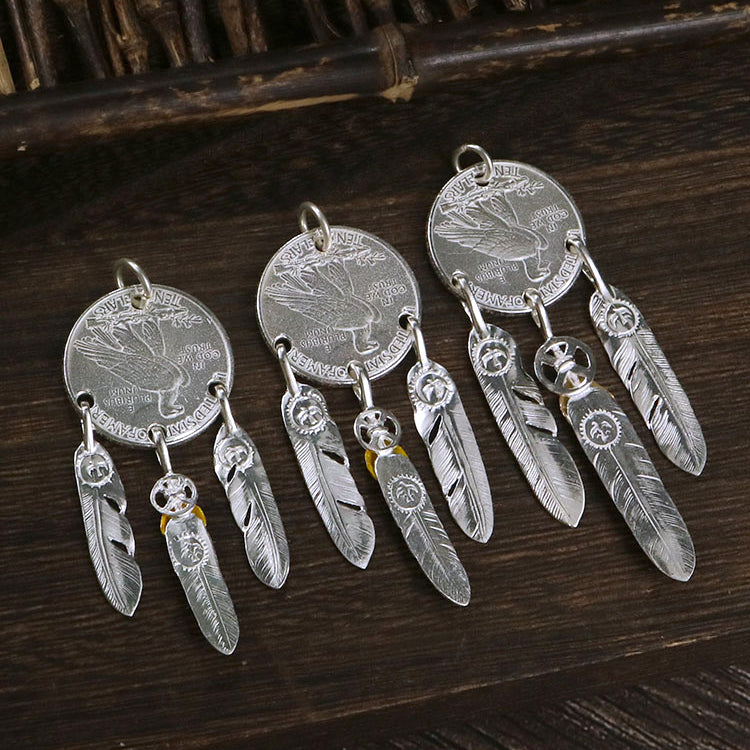 3 Feather Coin Pendant, Japanese Design