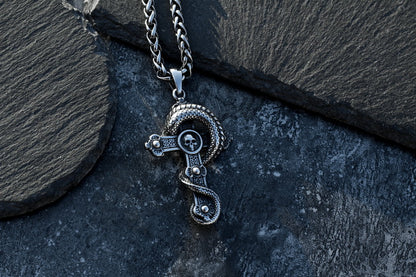 Snake Wrapped Cross Stainless Steel Gothic Necklace