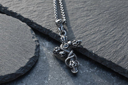 Snake Skull on Cross Stainless Steel Necklace