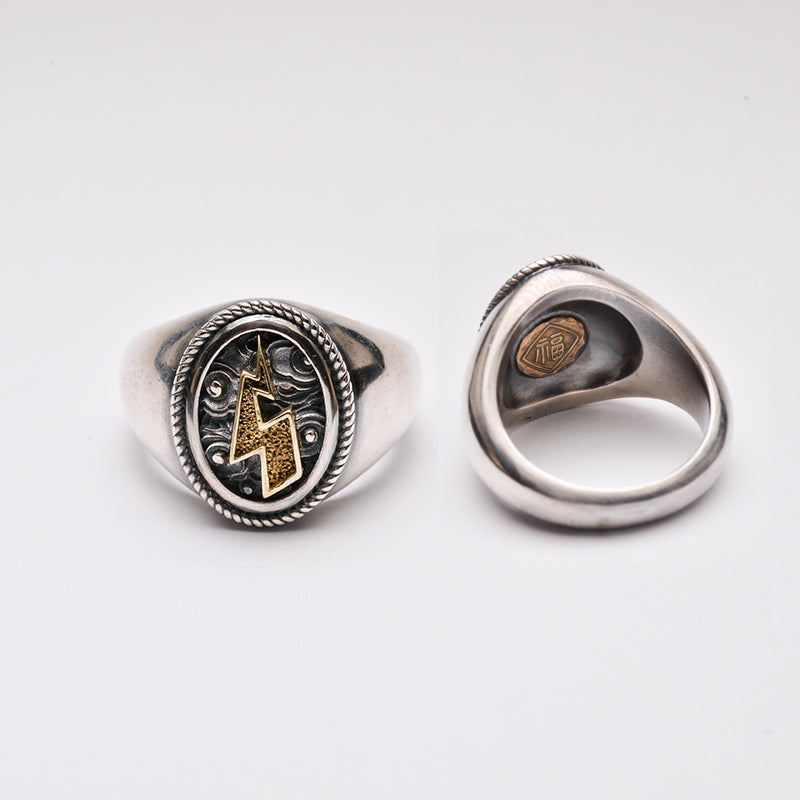 Gold and Silver Thunderbolt Signet Ring