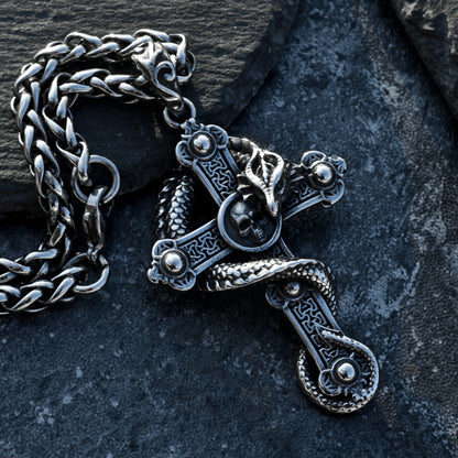 Snake Wrapped Cross Stainless Steel Gothic Necklace
