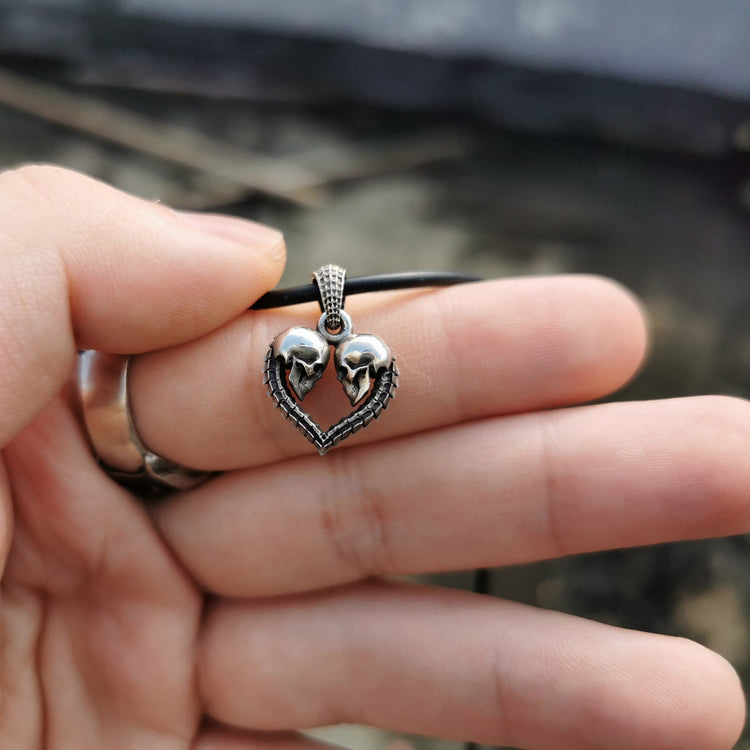 Silver Skull Spine Heart 2-Sided Pendant | Forever Love, Eternity, Love You to Death