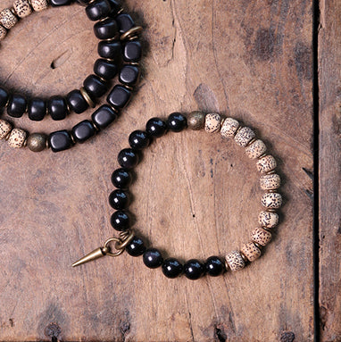 8mm Natural Obsidian X Pipal Tree Seed Bracelet, Brass Parts, Natural Starmoon Bodhi Barrel Beads