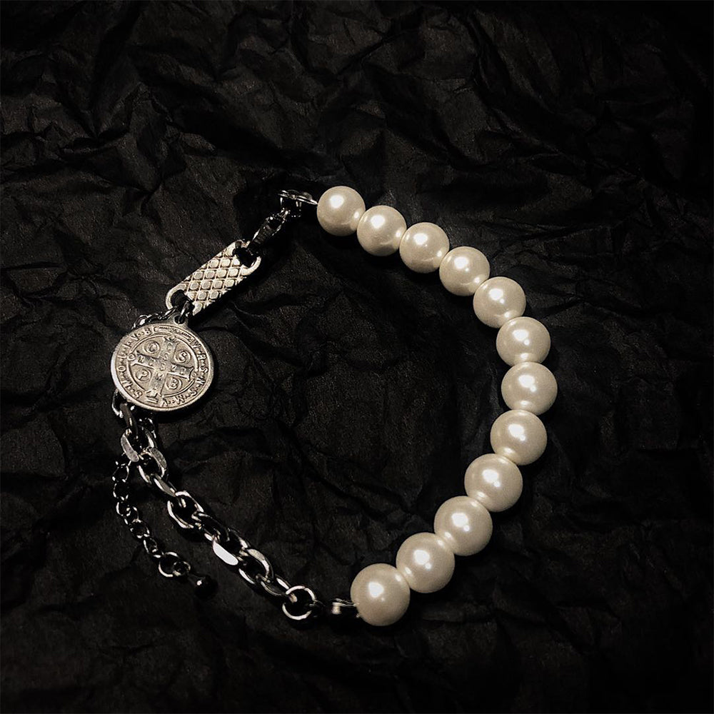 Saint Benedict Medal Pearl Link Chain Bracelet Stainless Steel Hip-Hop KPOP TikTok Style