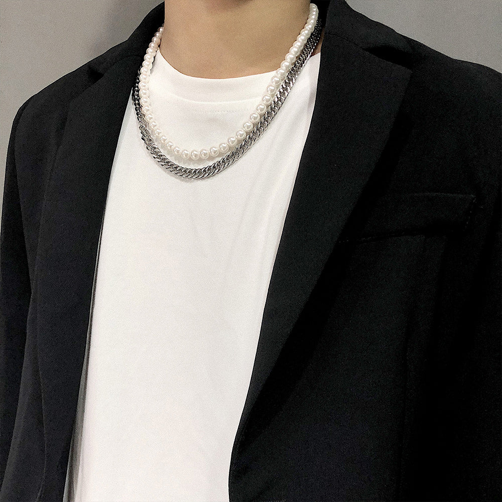 2 in 1 Layered Pearl Cuban Chain Necklace Street Fashion KPOP TikTok Style