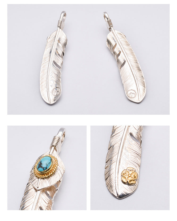 Silver Feather Natural Turquoise Pendant