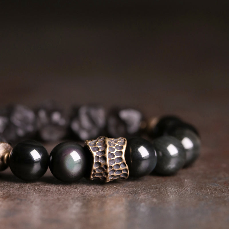 Natural Obsidian Sandalwood Beads Brass Charm Bracelet