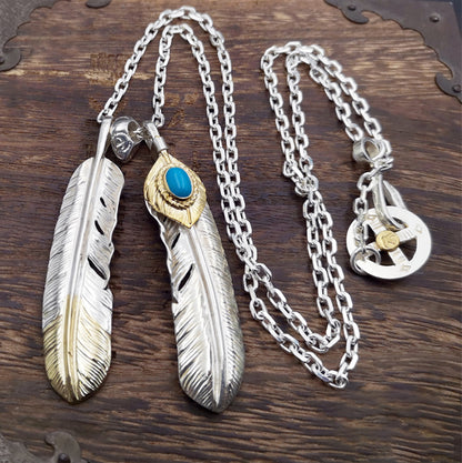 Silver Feather Natural Turquoise Pendant Necklace Native America Style Tribal Necklace