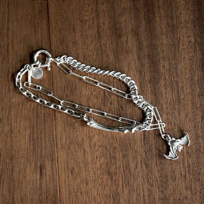Silver Bat and Bone Link Chain Bracelet