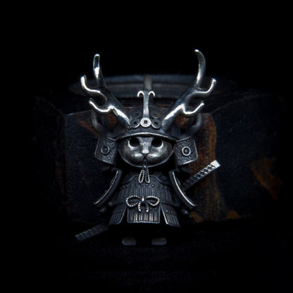 Samurai Cat Skull Silver Stud Earring