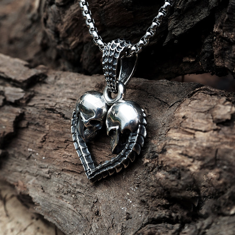 Silver Skull Spine Heart 2-Sided Pendant | Forever Love, Eternity