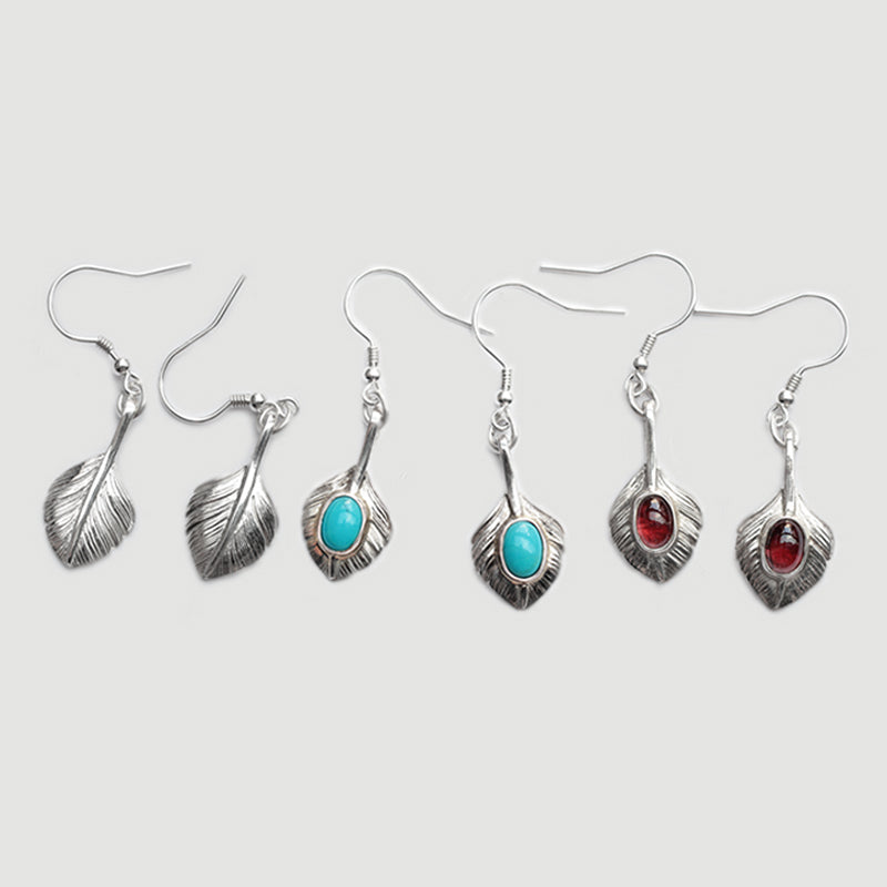 Silver Heart Feather Hook Dangle Earrings Gemstones Earrings