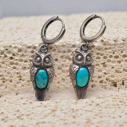 Silver Owl Gemstone Dangle Earrings