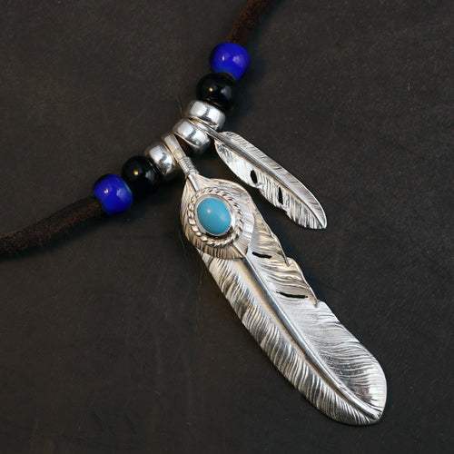 Silver Feather Natural Turquoise Pendant Charm Deer Leather Necklace