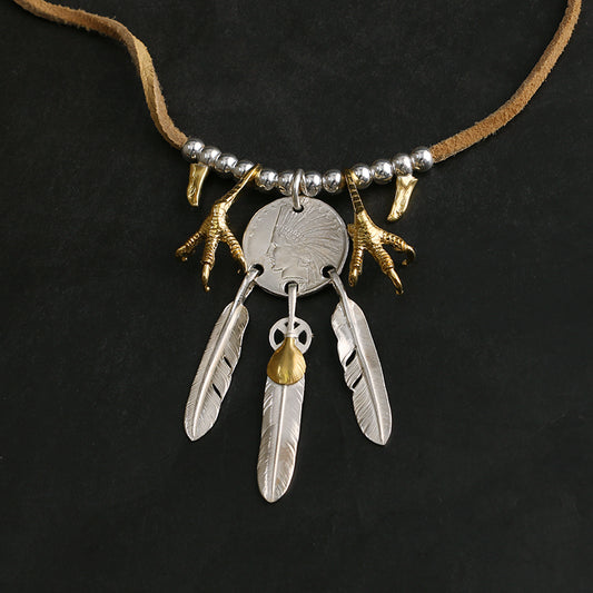 3 Hanging Feather Coin Setup Leather Cord Necklace, Japanese Design, Native American Inspired