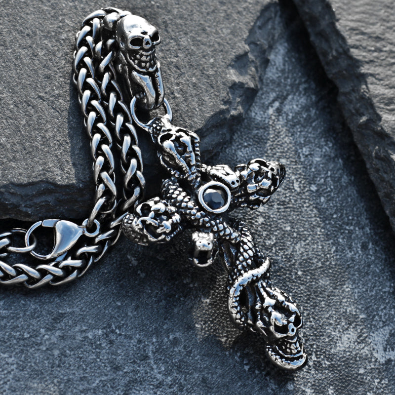 Snake Skull on Cross Stainless Steel Necklace