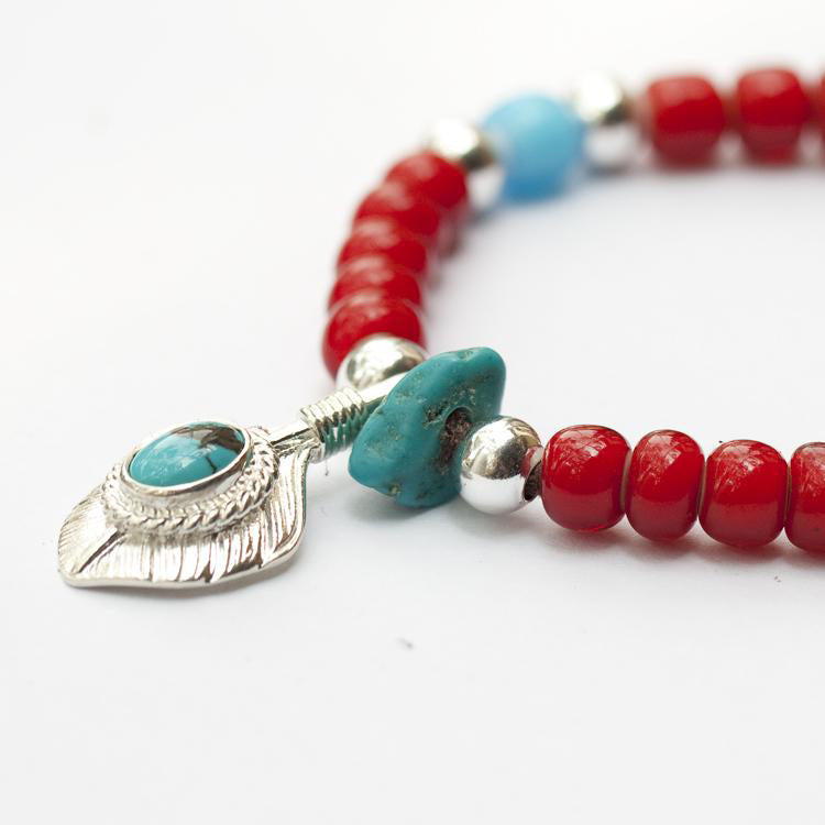 Native American Style Glaze Beads Solid Silver Turquoise Feather Charms Bracelet