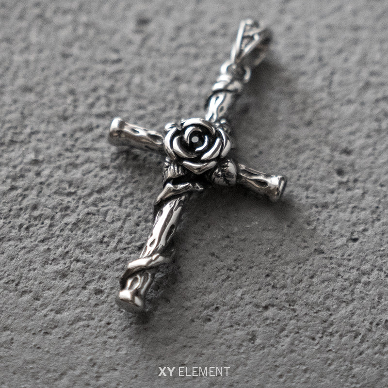 Rose Vine on Cross Titanium Steel Pendant Necklace