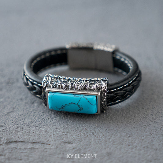 Turquoise Decal Leather 316L Stainless Steel Bracelet