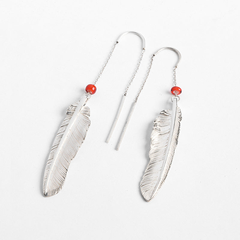 Silver Feather Dangle Threader Earrings