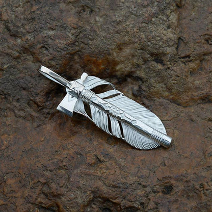 Peace Pipe Tomahawk Silver Feather Pendant