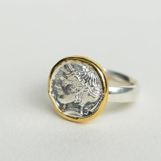 Greek Mythology Coin Silver Ring and 24K Gold