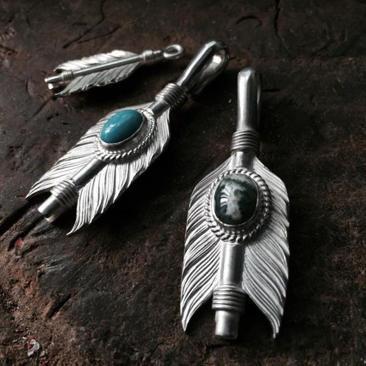 Silver Arrow Feather Gemstone Pendant