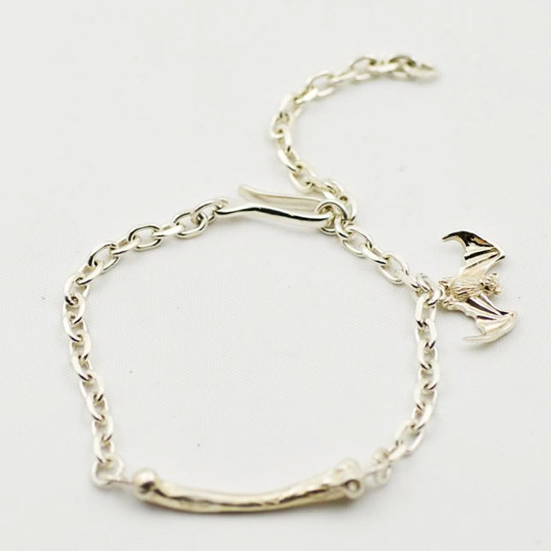 Silver Bone with Bat Charm Link Chain Bracelet