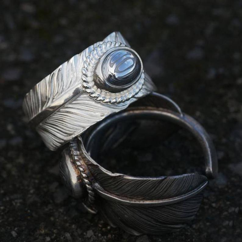 Silver Feather with Damascus Steel Ring
