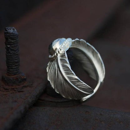 Silver Feather with Damascus Steel Ring