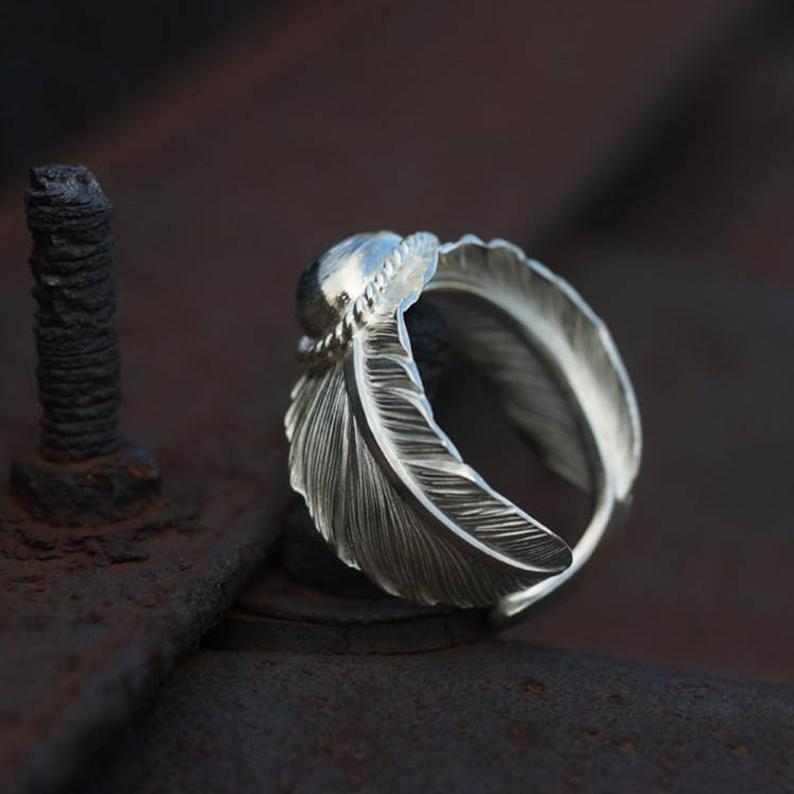 Silver Feather with Damascus Ring