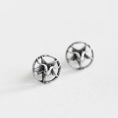 Goat Star Circle Silver Stud Earrings