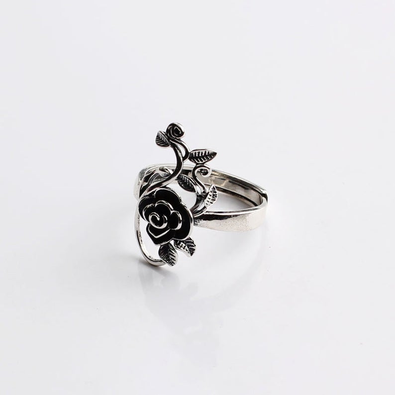 Silver Rose with Vine Wrap Ring Floral Flower Ring