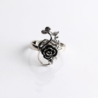 Silver Rose with Vine Wrap Ring Floral Flower Ring